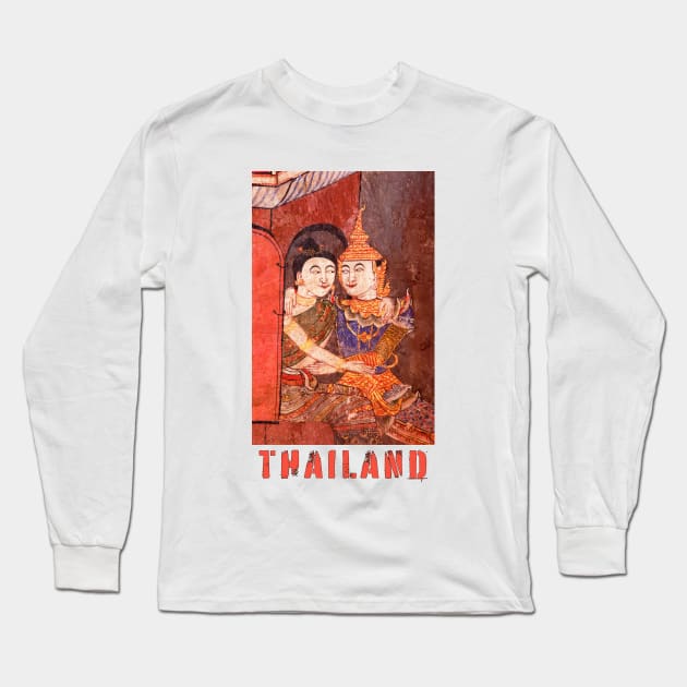 Antique Thai colorful temple mural of a young couple embracing in traditional period ceremonial clothing with the word Thailand featuring under the image. Long Sleeve T-Shirt by Earthworx